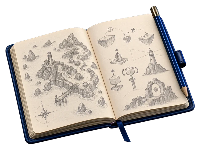 Cuaderno de diseño de videojuegos con un mapa de niveles y bocetos de mecánicas.